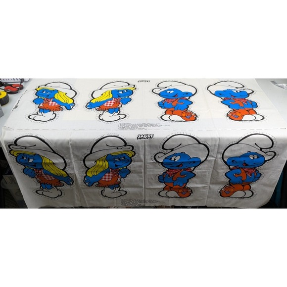 Vtg 1982 Smurf & Smurfette Western Cowboy Cut Sew Fabric Panel Pillow Doll Uncut - Picture 2 of 10